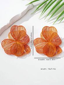 1 Pair Vintage Elegant Metallic Gold Textured Floral Pendant Earrings, Suitable For Women's Daily, Party, Holiday, Gift - 橘色 - 查看 4