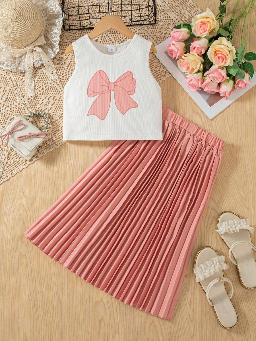 Girls' Casual Bow Print Sleeveless Top And Pleated Long Skirt 2 Pieces Set, Suitable For Spring/Summer - Pink - View 1