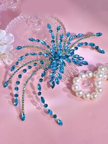 1pc Crystal Flower Hair Comb, Fresh Light Blue Princess Style Side Comb, Suitable For Bride, Wedding, Holiday Gift, Party, Carnival, Casual Wear - Blue - View 4