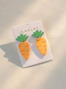 1 Pair Cute Green Leaf & Orange Carrot Acrylic Pendant Earrings, Ceramic Texture, Celebration Gift For Women, Easter Party - Orange - View 2