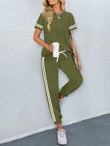 Women's Sleeveless Striped Short Sleeve Top With Pockets And Side Striped Sweatpants, Casual Sports Suit For Summer Elegant - Army Green - View 3