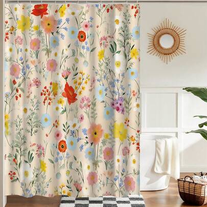 Floral Pattern Bathroom Shower Curtain, Boho Modern Cute Aesthetic Decor, Waterproof For Girls
