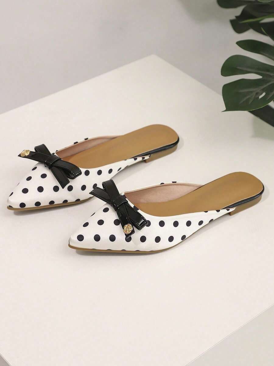 Elegant Polka Dot Office Shoes,  Bow Decor White Flats For Summer, Slip-On Slippers  Women's Flats - 白色 - 查看 1