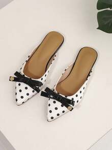 Elegant Polka Dot Office Shoes,  Bow Decor White Flats For Summer, Slip-On Slippers  Women's Flats - 白色 - 查看 14