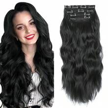 一套4片长款波浪卷发夹式接发，22英寸，采用柔软卷曲的厚实纤维，双层缝制。黑色、棕色和金色系，是女性参加派对、角色扮演、圣诞节、万圣节和约会的理想合成假发。 - 彩色 - 查看 17