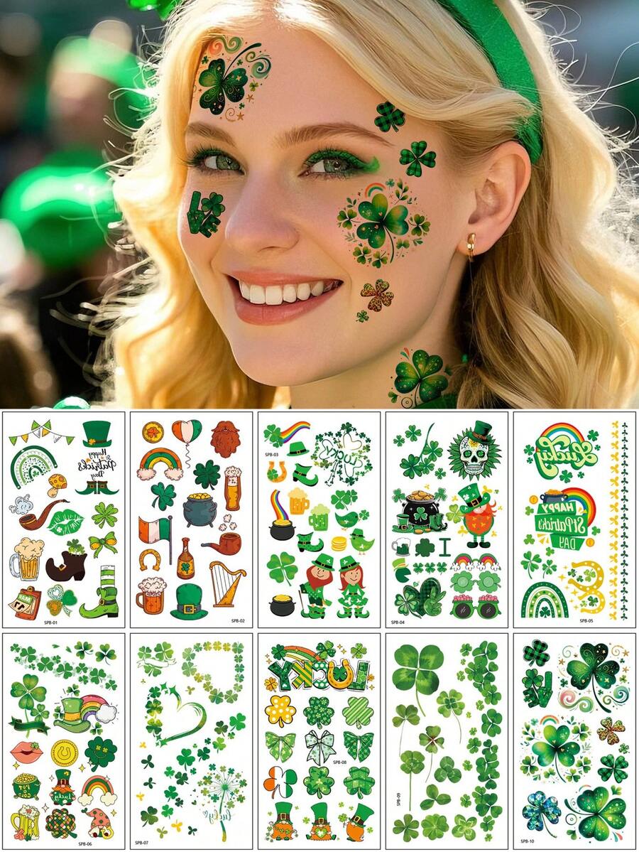 10pcs Green Clover, Shamrock And Green Hat Pattern Temporary Tattoos For Women And Men, St.Patrick's Day Body, Face Makeup Tattoo Stickers, Suitable For St.Patrick's Day Festival, Fake Tattoo Waterproof - Green - View 1