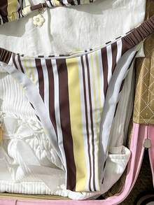 女士比基尼吊带露脐上衣，Y2K复古条纹印花黄色，休闲度假裤，内置胸罩露脐吊带泳衣，适合度假、海滩、花园婚礼宾客，优雅套装，适合女士派对度假，都市海滩波西米亚风，2026春夏海滩装扮 - 彩色 - 查看 9