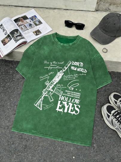 男士休闲时尚酷炫做旧深绿色“空心眼”主题印花上衣。街头风，百搭实用，舒适易配。可单穿或叠穿，适合所有季节。男士时尚做旧水洗雪花图案短袖T恤。夏季、夏令营、度假、日常穿着和运动的理想之选。一款时尚男士短袖T恤。