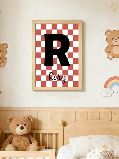 1pc Custom Name Canvas Painting Personalized Dopamine Grid Painting Prints Pink Minimalism Gingham Hanging Picture Blue Funky Wall Art For Bedroom Kids Room Birthday Gift Wall Decoration No Frame