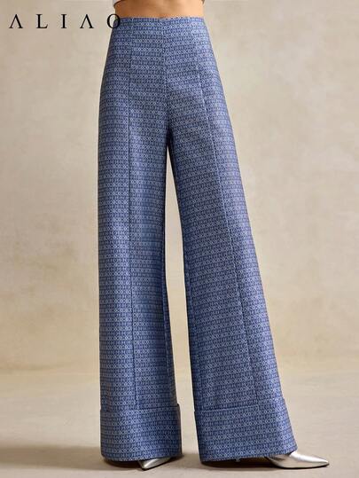 Aliao High-End Jacquard Indigo Washed Wide-Leg Pants, Suitable For Autumn, White Party Events, Old Money Style, Palace Style, Dignified, Business Casual Women's Wear, Back To School, Bohemian Style, New Year Spring