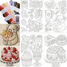 DIY刺绣套装，含线针，可爱小熊甜点图案，自粘水溶性刺绣贴纸，适用于手工缝纫 - A - 查看 5