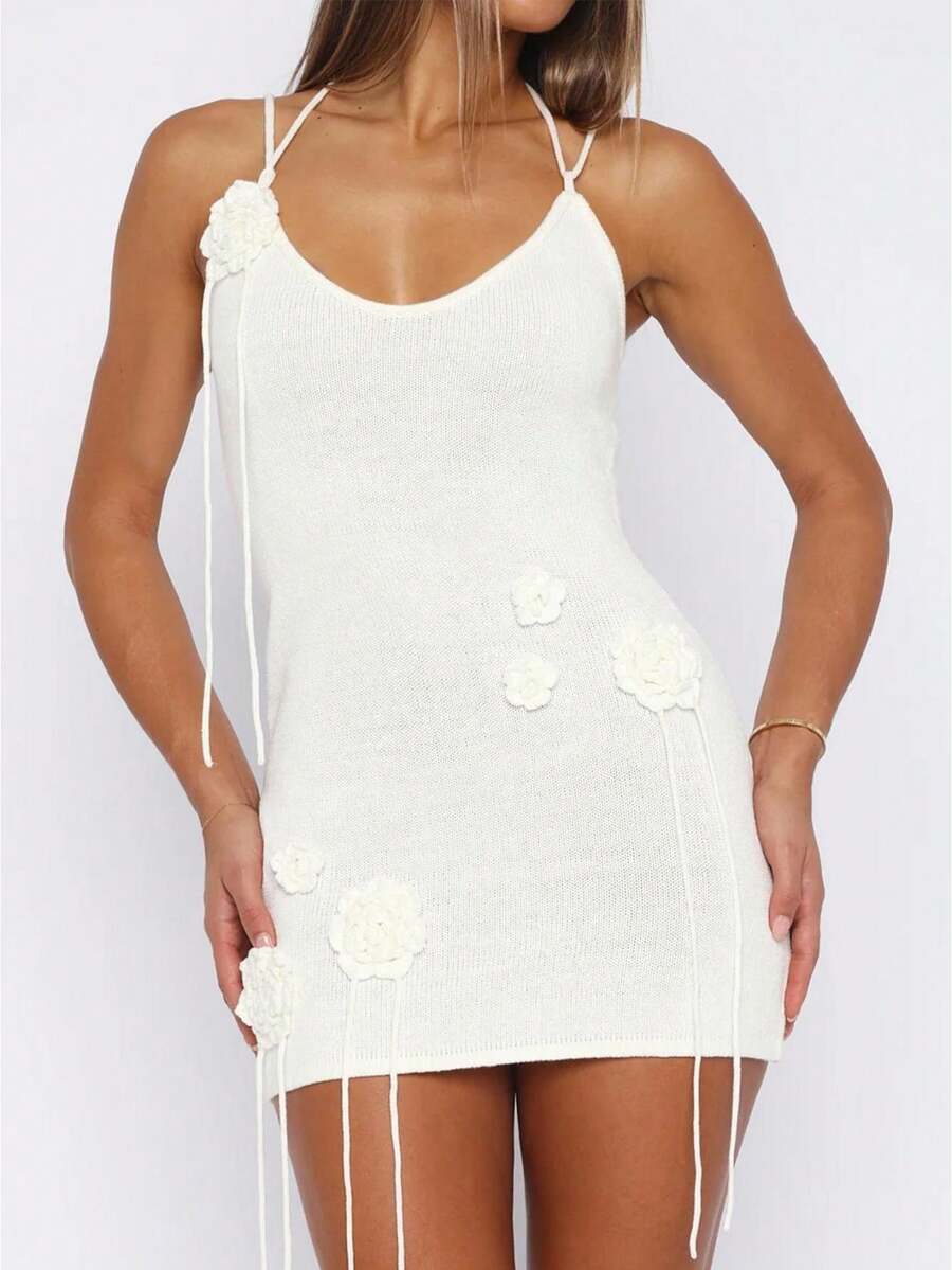 Women Sleeveless Halter Neck Knitted Bodycon Party Mini Dress 3D Flower Backless Knit Crochet Beach Dress Summer Bikini Cover Ups - 白色 - 查看 1