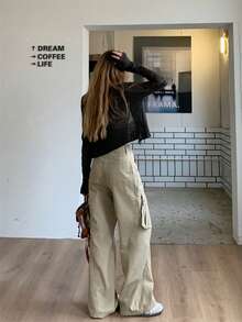 Women's Button Casual Versatile Daily Wear Washed Denim Wide Leg Pants Spring - Khaki - View 3