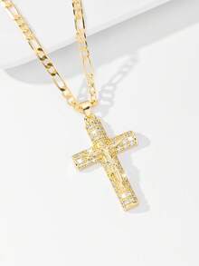 1pc Classic European Style Copper Inlaid Zirconia Jesus Cross Pendant Necklace, Limited Edition "Light Of Protection", Suitable As Gift For Christmas, Thanksgiving, Halloween, Mother's Day, Valentine's Day, Friends, Church Members, First Holy Communion, Daily Wear And Prayer - Yellow Gold - View 4