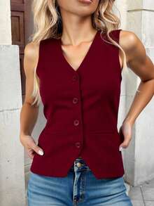 ZALLA Women's V-Neck Vest With Faux Pockets, Tailored Dress Shirt - Màu Đỏ Sâu - Xem 2