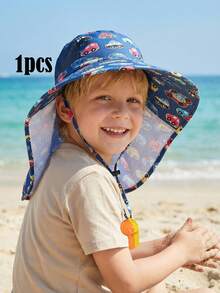 1pc Kids Car All-Over Print Wide Brim Sun Hat With Neck Flap, Breathable Mesh & Windproof Strap With Whistle - 1PC - View 4