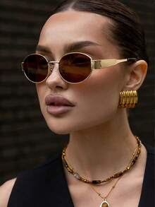 1pc Oval Fashionable Metal Fashion Glasses, Retro Versatile Casual Women's Fashion Glasses, Suitable For Autumn/Winter And Summer Beach Accessories - Brown - View 5