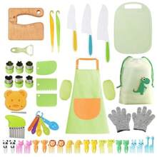 50 piezas herramientas cocina para niños cuchillos utensilios juego para cocinar cortar pasteles frutas verduras - verde - Ver 8