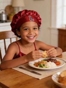 1pc Children's A-Z Letter Pink Satin Elastic Wide-Brim Sleep Cap - Snug Sleeping Hat, Hair Protection, Super Soft Breathable Design With Anti-Slip Lining - Wine Red - View 3