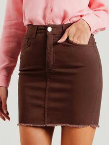Women's Mid Rise Coffee Brown Denim Mini Skirt Slim Fit Frayed Hem Minimalist Summer Style Casual - Coffee Brown - View 5