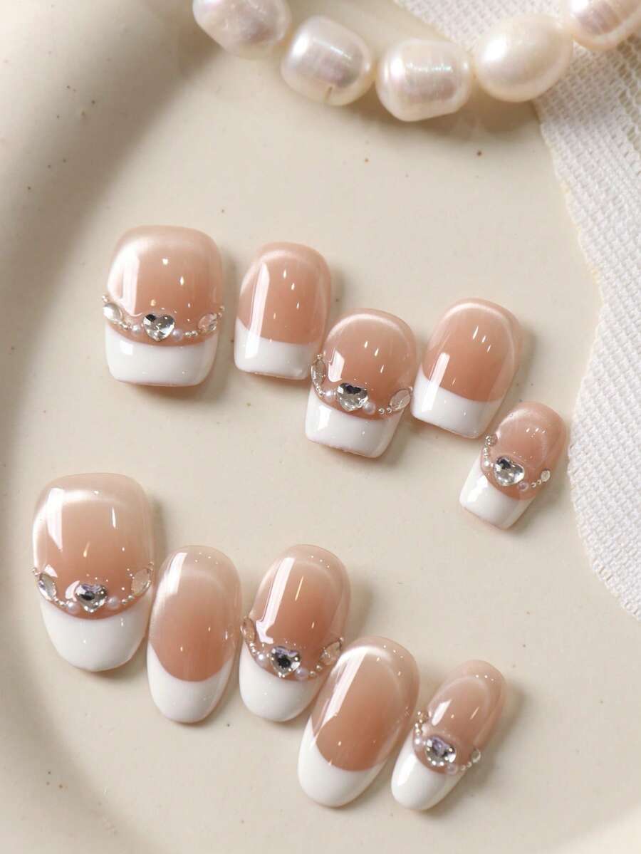 10片装按压式假指甲，法式短款，白色猫眼粉腮红粉色闪钻，适合办公室日常佩戴，套装包含1张粘性贴片和1个迷你指甲锉。 - 彩色 - 查看 1