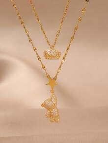 GEREIT 2/3pcs Minimalist Gold Chain Crown & Bear Pendant Necklace Set, Ramadan Gift, Minimalist Design, Suitable For Mother's Day And Daily Wear - Multicolor - View 2