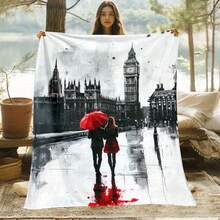 1pc Romantic London Couple With Red Umbrella & Big Ben Design Soft Warm Lightweight Flannel Blanket - All-Season Cozy Throw For Sofa, Bed, Travel, Camping - Perfect Gift For Family, Friends, Adults, Plush Blanket - White - View 12