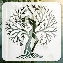 11.8x11.8 Inch Reusable Tree Of Life Silhouette & Female Silhouette Pattern Stencil, Suitable For Wall, Floor, T-Shirt, Fabric DIY Decoration - White - View 4