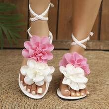 Floral Woven Tie-Up Flat Thong Sandals, Elegant & Fashionable For Indoor Or Outdoor Casual Wear - White - View 5