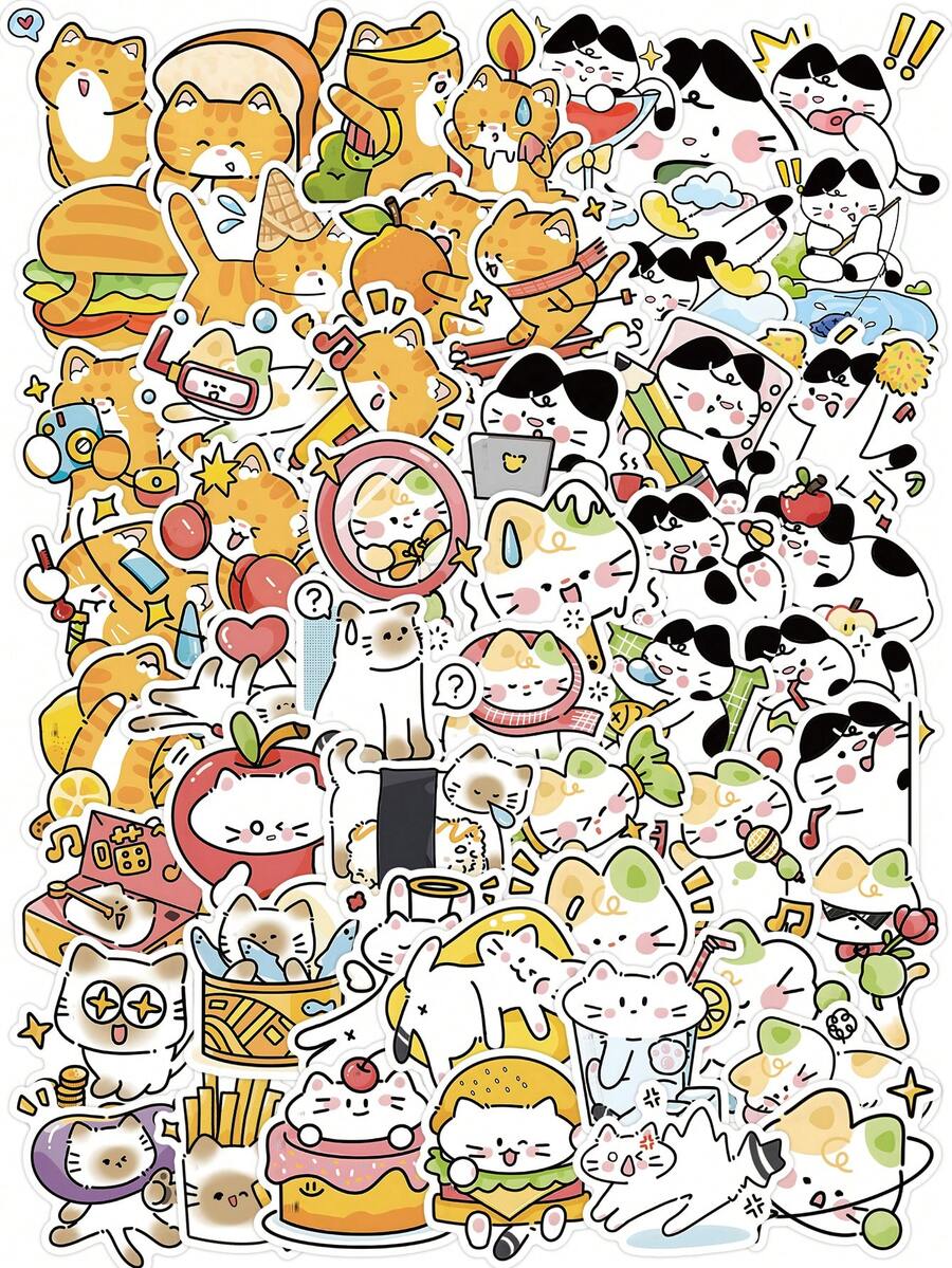 51/52片迷你猫咪贴纸 - 樱桃和三明治图案，带有“和平”幸运符符号，可爱贴纸，适用于笔记本电脑外壳、笔记本、眼镜盒，祝福系列，可移除背胶 - 卡通貓咪 - 查看 1