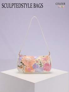 1件网纱刺绣提花3D花卉图案优雅腋下单肩包，适合女性日常通勤、夏季海滩旅行和休闲（花卉图案随机发送） - 白色 - 查看 9