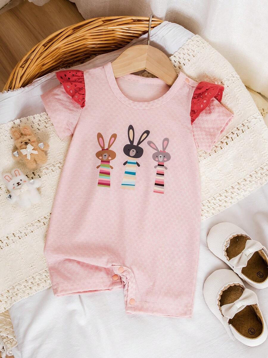 Áo liền quần cho bé gái màu hồng cổ bẻ tay loe in hình thỏ hoạt hình dễ thương - Hồng - Xem 1