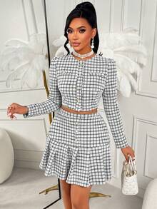 Women's Elegant Plaid Long-Sleeve "Rich Lady" Style Suit With Ruffled Hem - Perfect For Daily Dates & Office Looks - Black and White - View 3