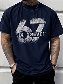 Classic Short Sleeve Street Style Vintage Print T-Shirt Six Seven Numbers 67 Print Men's Fashion  Casual Wear Adult Men's Urban Outfit - 藏青色 - 查看 7