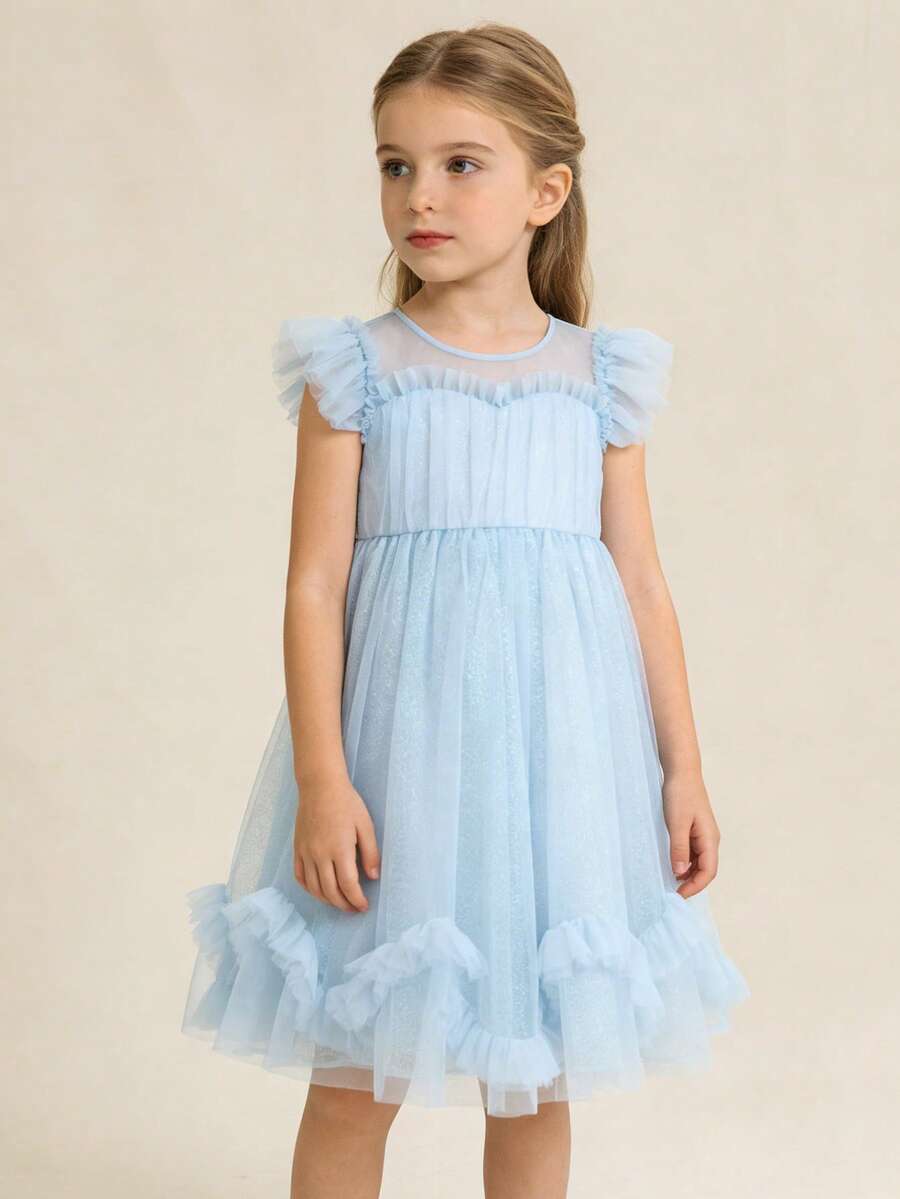 mini bala 女童A字连衣裙，飘逸网纱袖，高腰设计，甜美公主风 - 藍色 - 查看 1