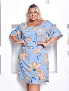 Women's Plus Size Printed Midi Short Dress - Azul BB Flor - View 1