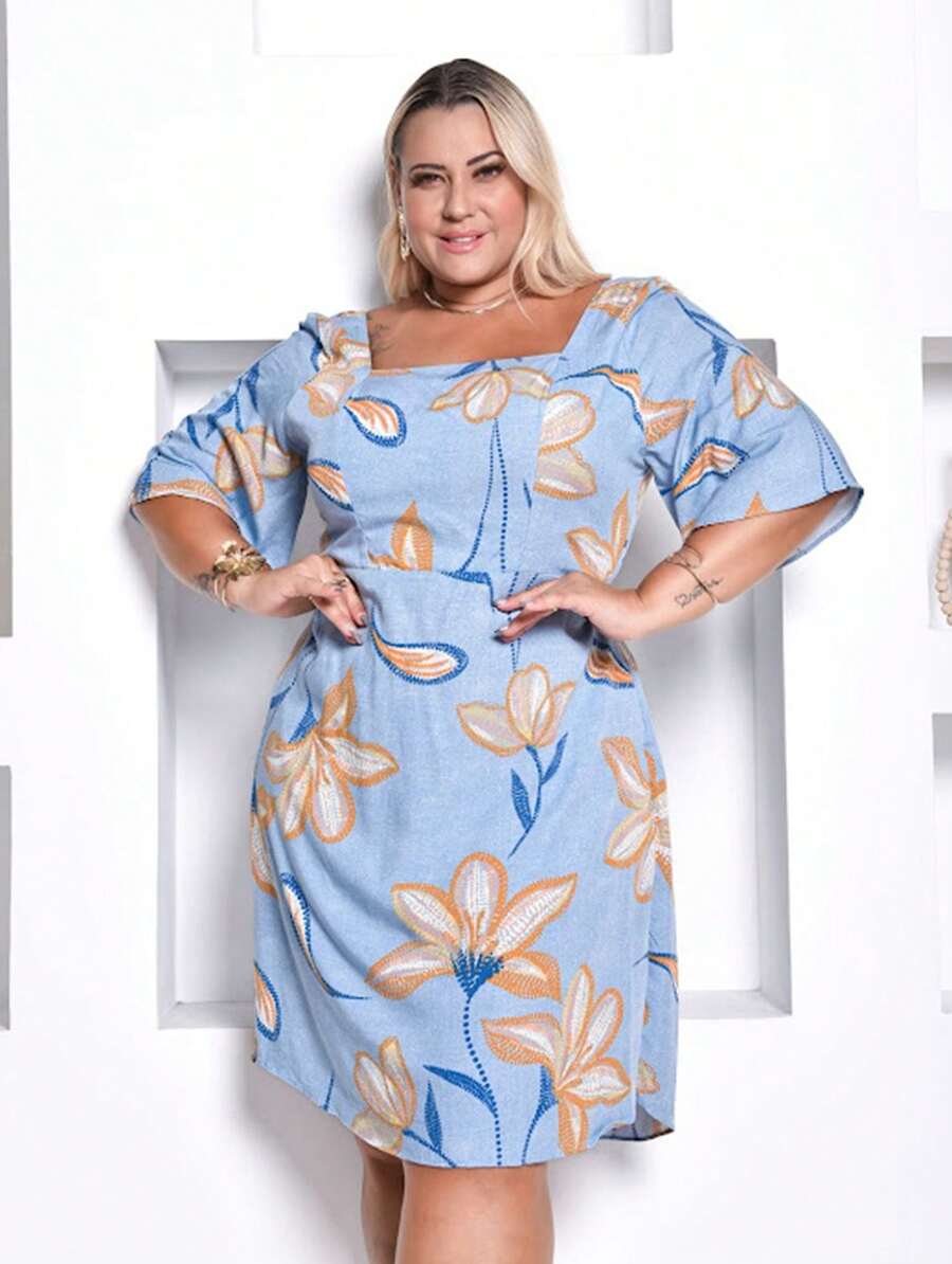 Women's Plus Size Printed Midi Short Dress - Azul BB Flor - View 1