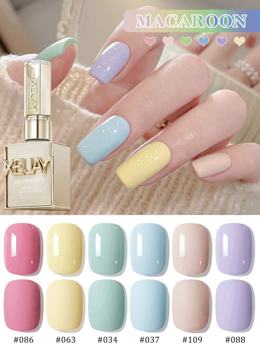 XEIJAYI 6色馬卡龍凝膠指甲油套組，UV LED浸泡式卸除半永久美甲凝膠，DIY沙龍級美甲凝膠，女性禮物，生日禮物