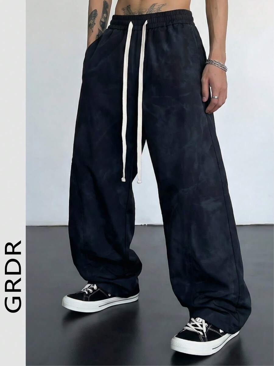 Spring New Tie-Dye Patchwork Maxi Loose Casual Pants, Breathable Ice Silk Relaxed Wide Leg Trousers With Elastic Waist And Drawstring, Comfortable And Fashionable - Black - View 1