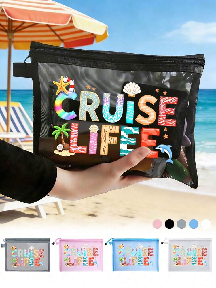Mesh Cosmetic Bag With"Cruise Lifee" Pattern,Portable Storage Bag,Colorful Cruise Ship -Themed Storage Bag With Zipper Closure,Makeup Bag, Skincare Bag,Portable Storage For Vacations And Travel - Multicolor - View 6
