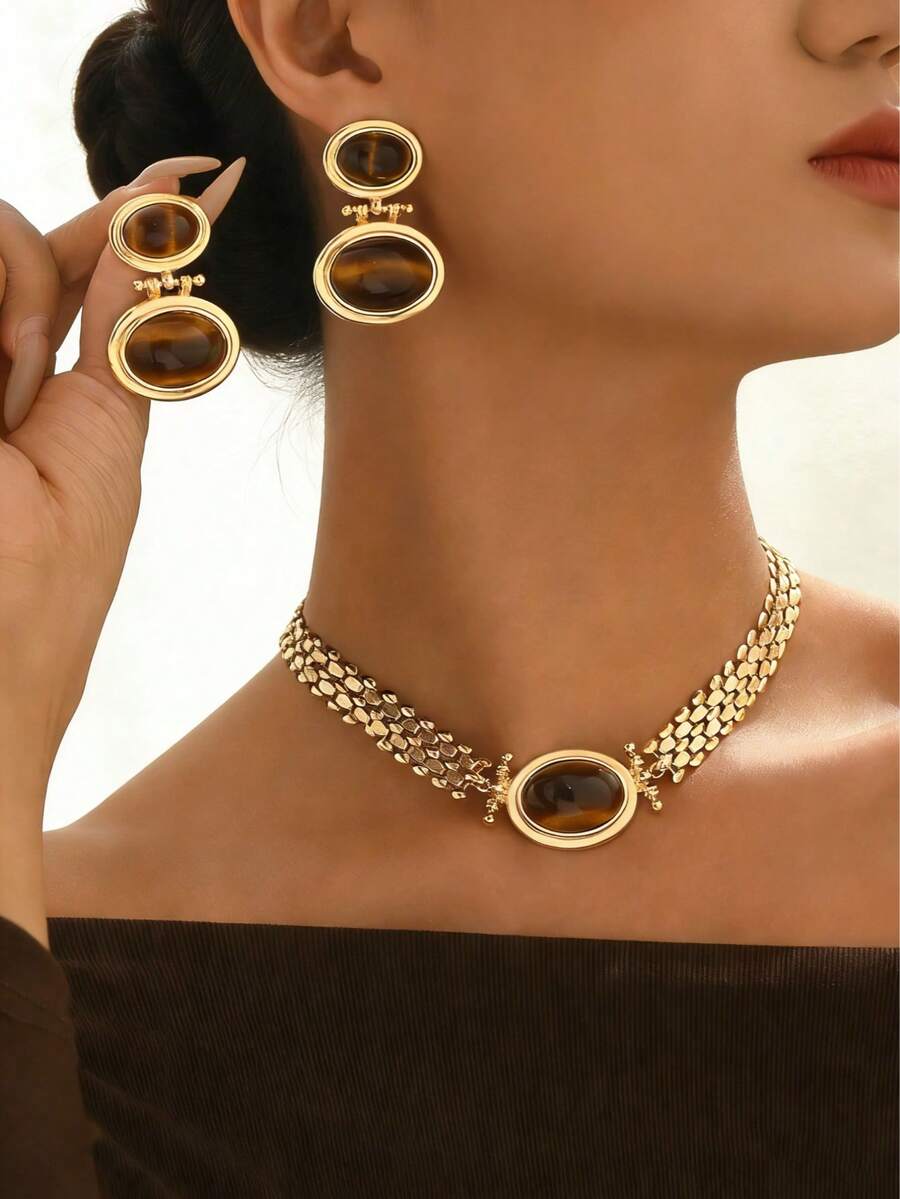 2 piezas Conjunto de joyería vintage de estilo bohemio elegante con collar y aretes de metal, adecuado para bodas, fiestas, celebraciones, accesorios versátiles y atractivos de alta gama - traje - Ver 1