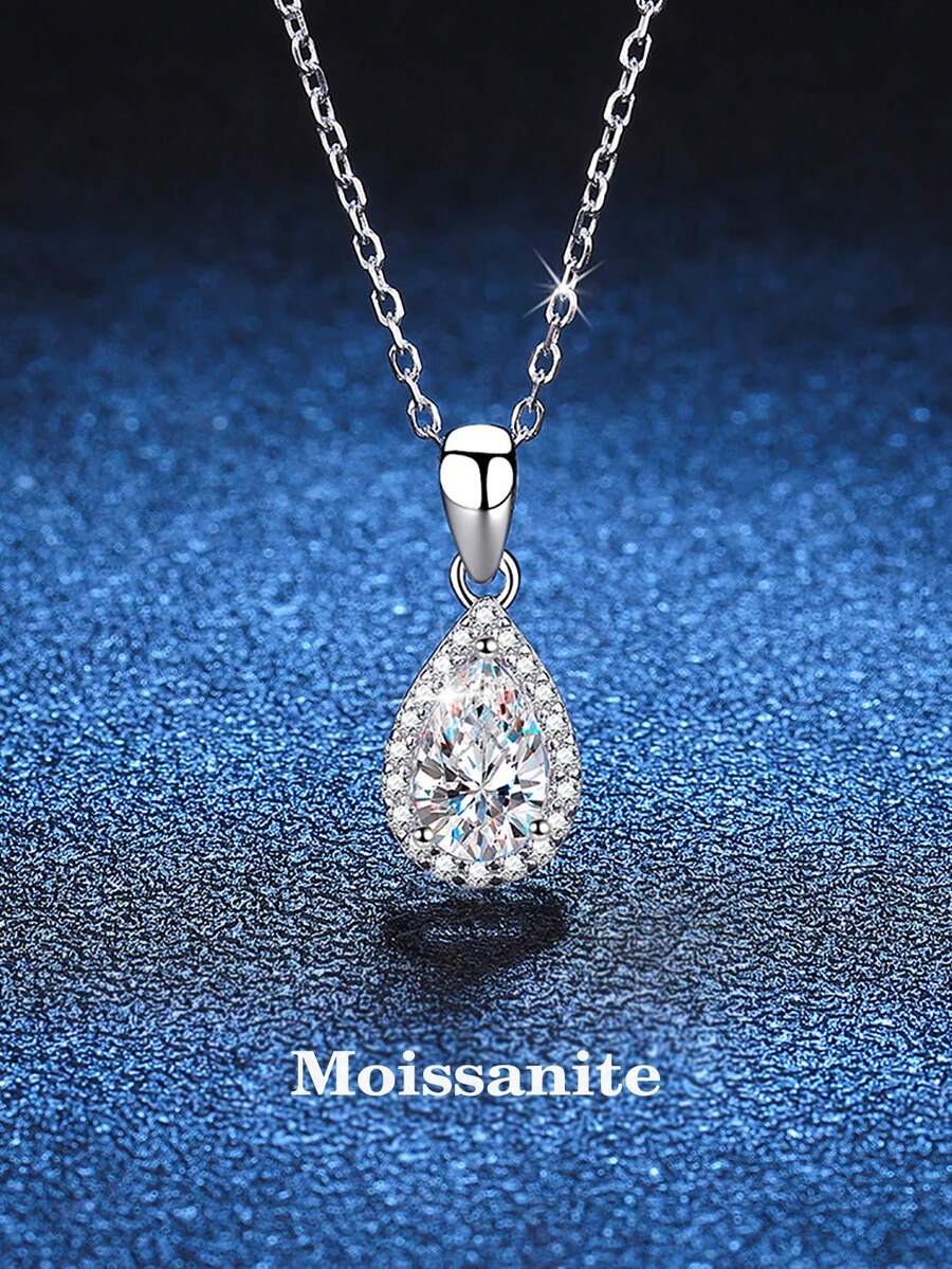 BLOVEMEE 1pc Elegant Luxury 925 Sterling Silver 1 Carat 5x8mm Teardrop Moissanite Necklace, Suitable For Women's Daily Wear, Parties, Weddings, Valentine's Day, Christmas, Thanksgiving, Women's Jewelry Gift - XL0082M - View 1