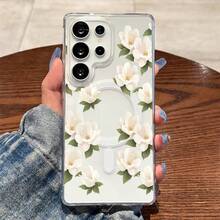 Funda para teléfono: Funda dura transparente con patrón floral vintage de flor de magnolia, gruesa y a prueba de golpes, con soporte de anillo magnético y carga inalámbrica para Galaxy S25 Edge S24 S23 Plus FE S22 Ultra A14 A15 A16 A35 A36 A54 A56 NOTE 21 Ultra - transparente - Ver 1