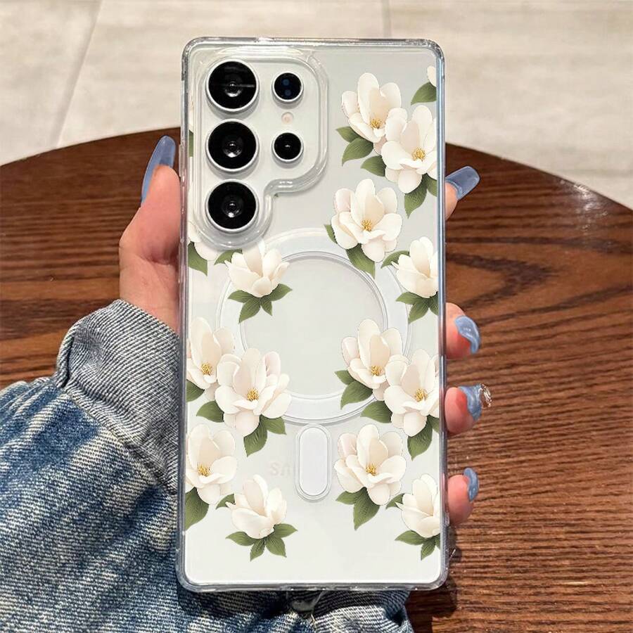Funda para teléfono: Funda dura transparente con patrón floral vintage de flor de magnolia, gruesa y a prueba de golpes, con soporte de anillo magnético y carga inalámbrica para Galaxy S25 Edge S24 S23 Plus FE S22 Ultra A14 A15 A16 A35 A36 A54 A56 NOTE 21 Ultra - transparente - Ver 1