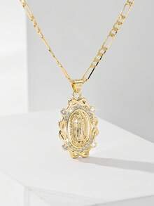 1pc Classic European Style Copper Inlaid Zirconia Flower Guadalupe Virgin Mary Pendant Necklace, Limited Edition. Suitable As Gift For Christmas, Thanksgiving, Halloween, Mother's Day, Valentine's Day, Friends, Godparents, First Holy Communion, Daily Wear And Prayer - Yellow Gold - View 4
