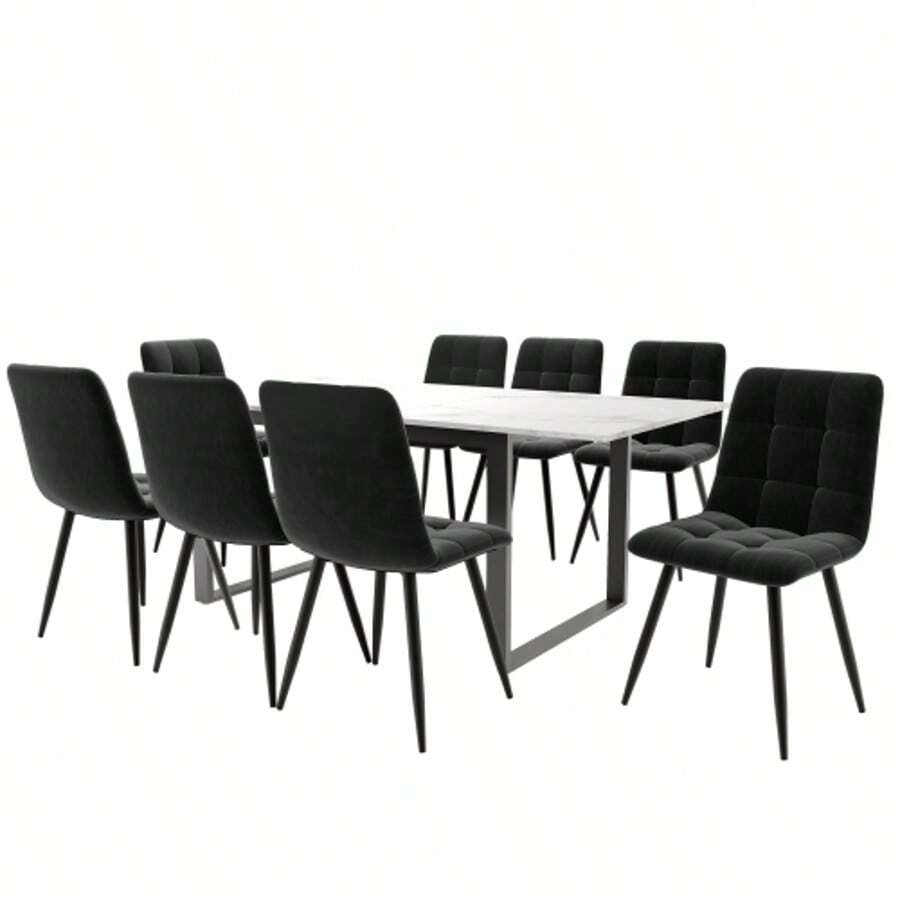 Dining Set (Table 140/180*80*75 Cm With 4 Chairs), Modern Kitchen Set, Black Velvet Chairs, White MDF Tabletop, Black Table Legs - White 1 - View 1