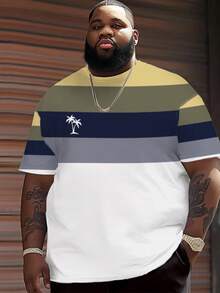 Fashionable Gradient Striped Plus Size Men's Short Sleeve T-Shirt Minimalist Palm Tree Logo Print Plus Size Casual T-Shirt, Suitable For Daily Wear And Outdoor Exercise Colorblock Plus Size T-Shirt For Summer - Multicolor - View 5
