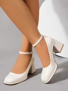 Women's High-Heeled Shoes, Round Toe, Chunky Heel, Single-Strap Buckle, Solid Color, Simple Style, Casual And Comfortable, Elegant And Unique, Suitable For Dates With Skirts, Attending Dances And Banquets, And Daily Commuting. - 白色 - 查看 4