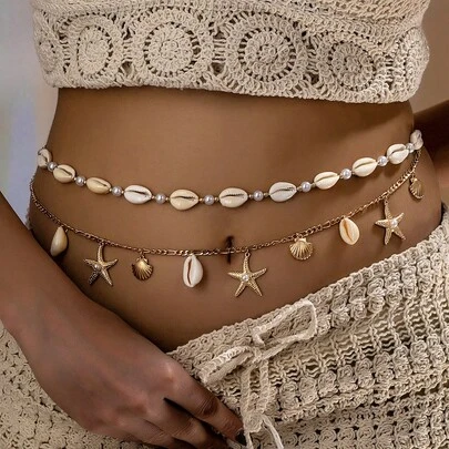 2pcs Bohemian Style Ocean Series Shell & Starfish Beaded Waist Chain For Women