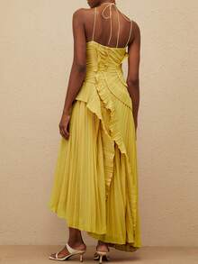 Women's Boho Halter Backless Maxi Dress Sleeveless High Waist Ruffled Party Prom Evening Dresses - 黃色 - 查看 4